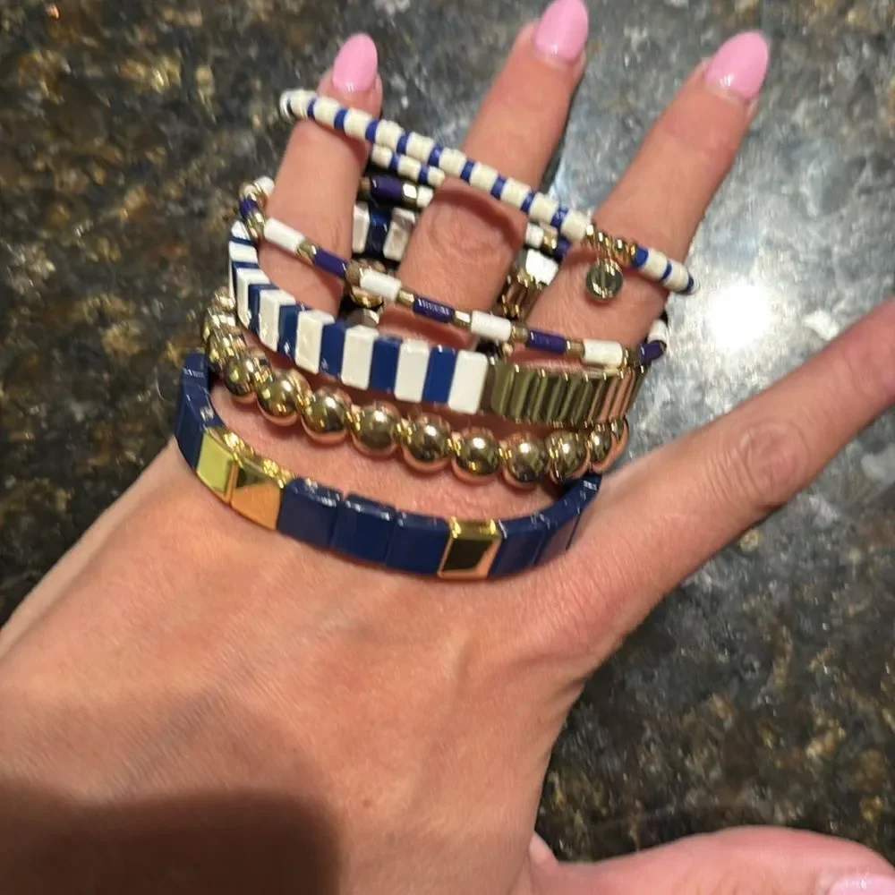 Elegant Blue and Gold Bracelet Set 5 Bracelets BRAND NEW - Stack White Blue Gold